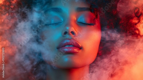 Serene woman with closed eyes in colorful smoke.