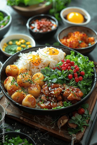 Top View of Asian Dishes on Dark Background