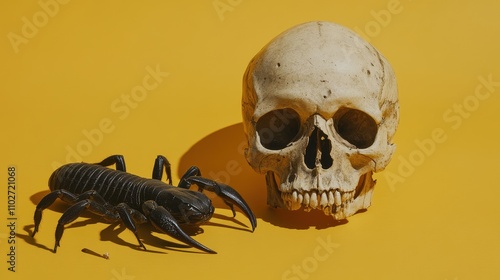 Scorpion Resting Next to a Cracked Skull on Yellow Background photo