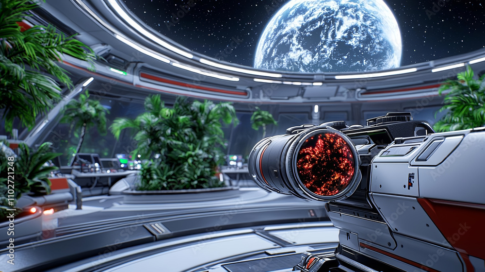 Fototapeta premium Empowering through technology. futuristic laboratory with advanced technology, featuring high tech device aimed at distant planet.
