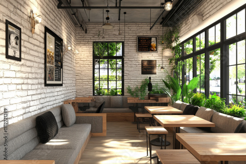 Sunlit cafe interior with brick walls, wooden furniture, and large windows.