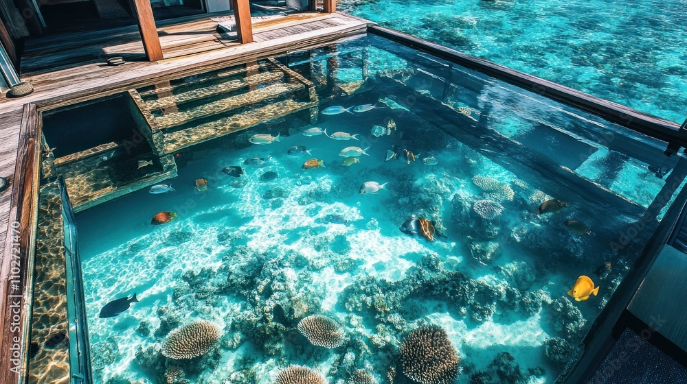 Obraz premium A stunning underwater view of a pool revealing vibrant coral and fish beneath the surface.