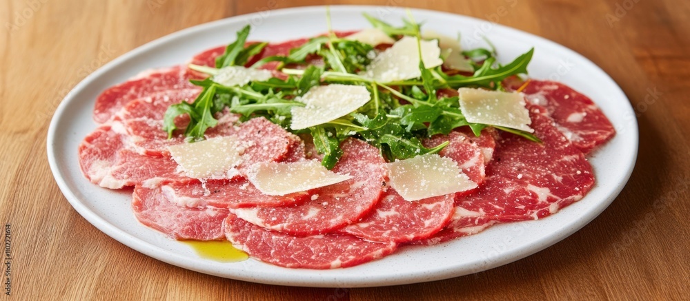 Beef carpaccio thinly sliced, served on a white plate with arugula, Parmesan, and olive oil drizzle, gourmet plating, Beef carpaccio thinly sliced, served on a white plate with arugula, Parmesan, and olive oil drizzle, gourmet plating,