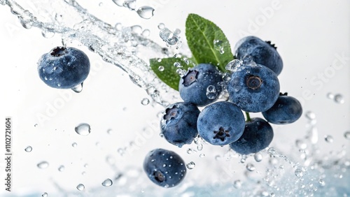 A cluster of floating blueberries suspended in mid-air amidst a delicate web of water droplets on a soft white background, atmospheric effects, abstract nature, blueberries