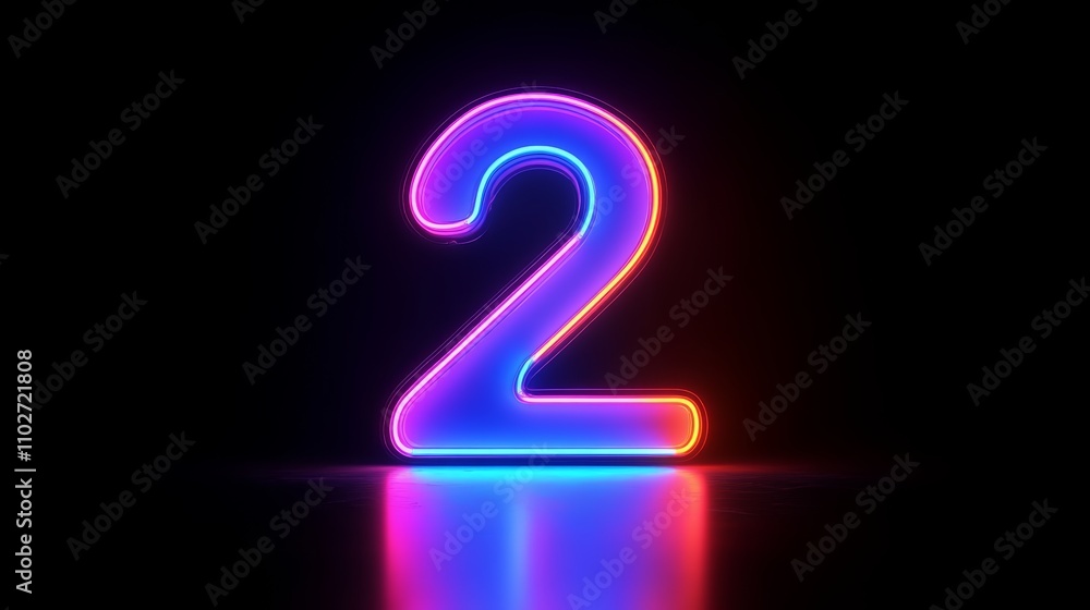3D Render of Neon Number Two Glowing Digit on Black Background 3D Render of Neon Number Two Glowing Digit on Black Background