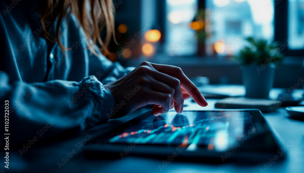 Finger touching using a tablet to online trading stock market. Finger touching using a tablet to online trading stock market.