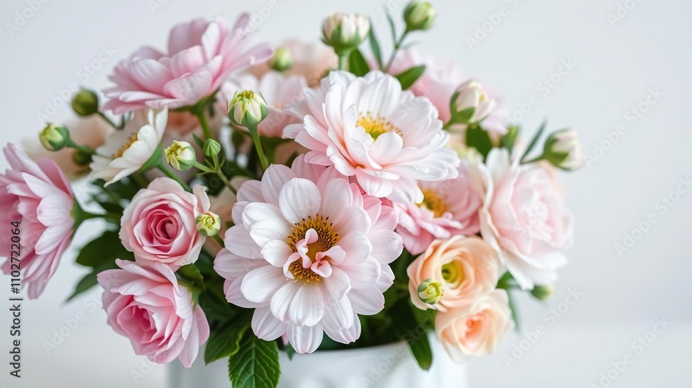 A delicate arrangement of pastel-colored flowers in a white ceramic container, blossoms, small A delicate arrangement of pastel-colored flowers in a white ceramic container, blossoms, small