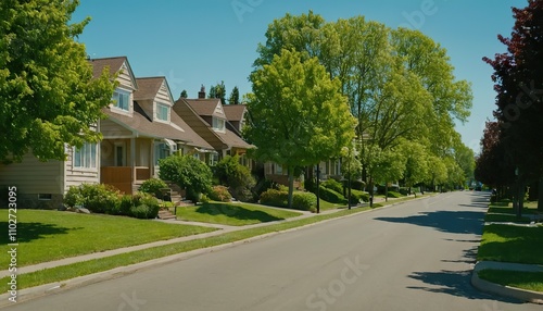 Fototapeta Naklejka Na Ścianę i Meble -  A row of houses on a tree lined street 45