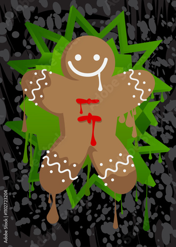 Gingerbread Man Christmas Cookie graffiti. Abstract modern street art decoration performed in urban painting style.