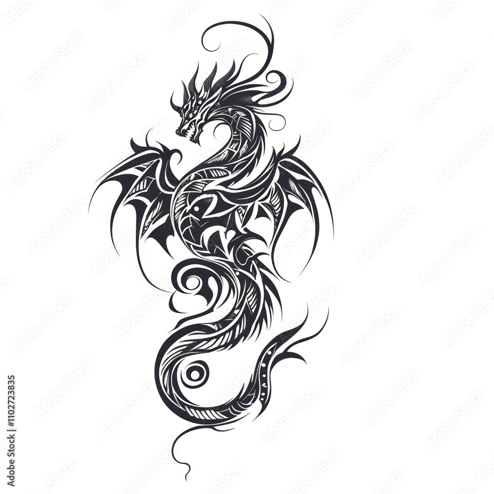 Fototapeta premium A stylized black dragon illustration with intricate tribal patterns.