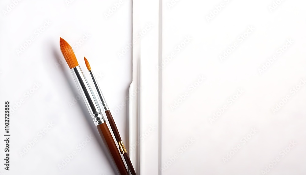 Fototapeta premium Artistic display of fine brushes on pure white canvas.