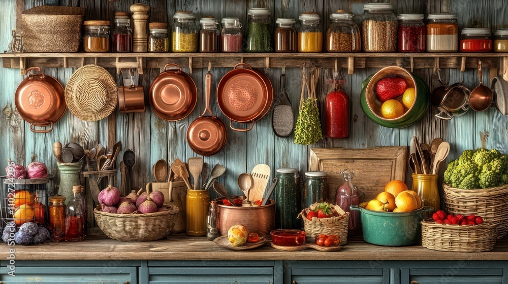 A rustic kitchen scene filled with colorful vegetables, jars, and cooking utensils. A rustic kitchen scene filled with colorful vegetables, jars, and cooking utensils.