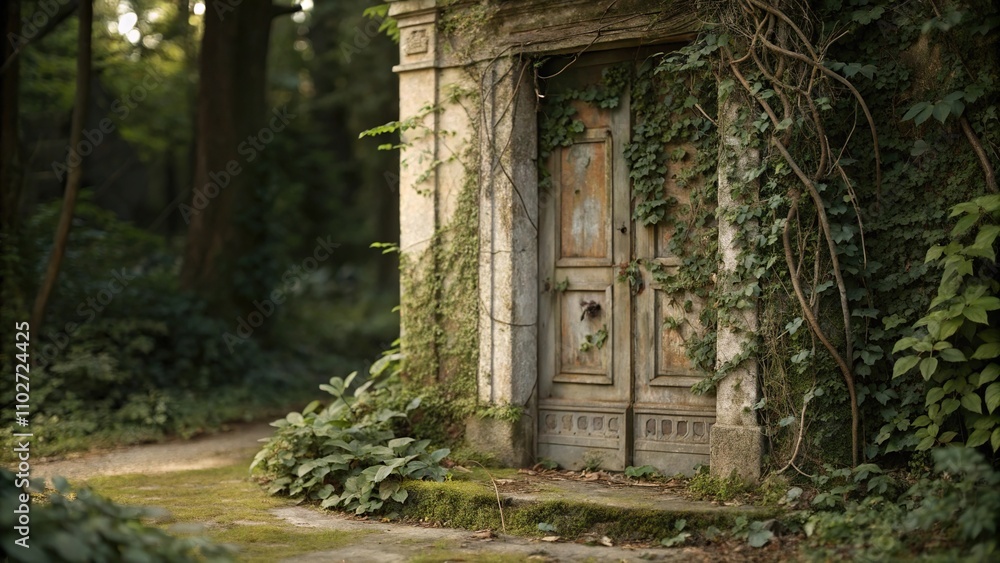 Antique door with vines and moss covering it like a shroud, creaky doors, mossy surface, decaying wood, eerie atmosphere, overgrown door Antique door with vines and moss covering it like a shroud, creaky doors, mossy surface, decaying wood, eerie atmosphere, overgrown door