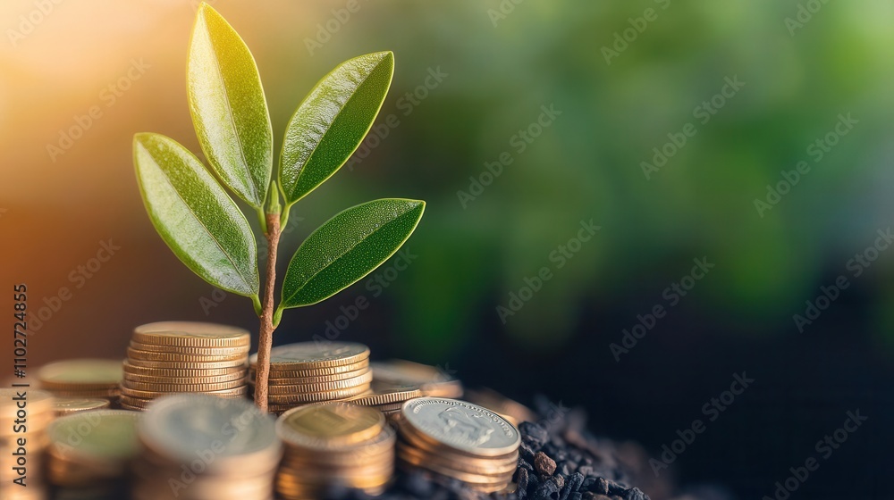 Success prosperity and hard work, A small green plant grows from a pile of coins, symbolizing the connection between nature and financial growth. Success prosperity and hard work, A small green plant grows from a pile of coins, symbolizing the connection between nature and financial growth.