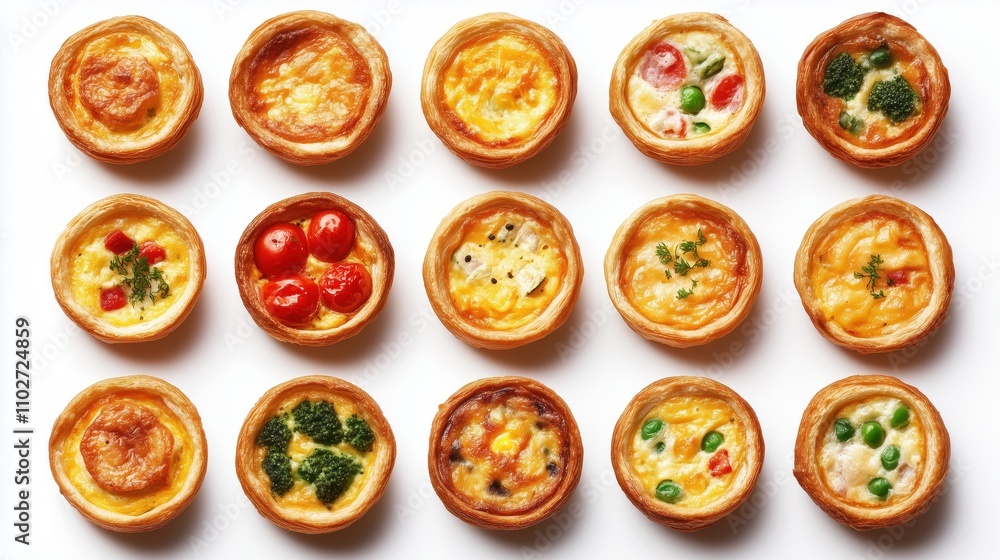 A row of small pastries with a variety of fillings, including broccoli and cheese. The pastries are arranged in a neat row on a white background A row of small pastries with a variety of fillings, including broccoli and cheese. The pastries are arranged in a neat row on a white background