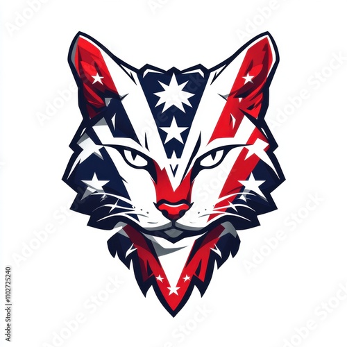 A stylized cat illustration featuring red, white, and blue colors.