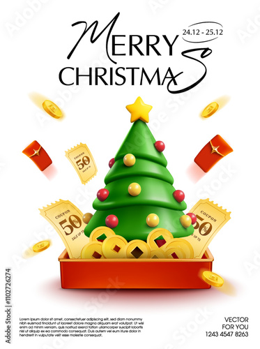 3d Christmas tree, coupons, lucky money coins flying up in an opened gift box, isolated on white background. Popup Christmas gift voucher icon in 3d vector. Vector illustration