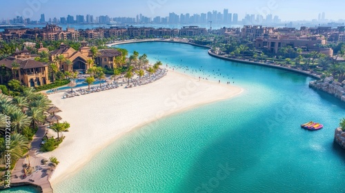 Wallpaper Mural A picturesque view of a beach and lagoon with luxurious resorts in a sunny urban setting. Torontodigital.ca