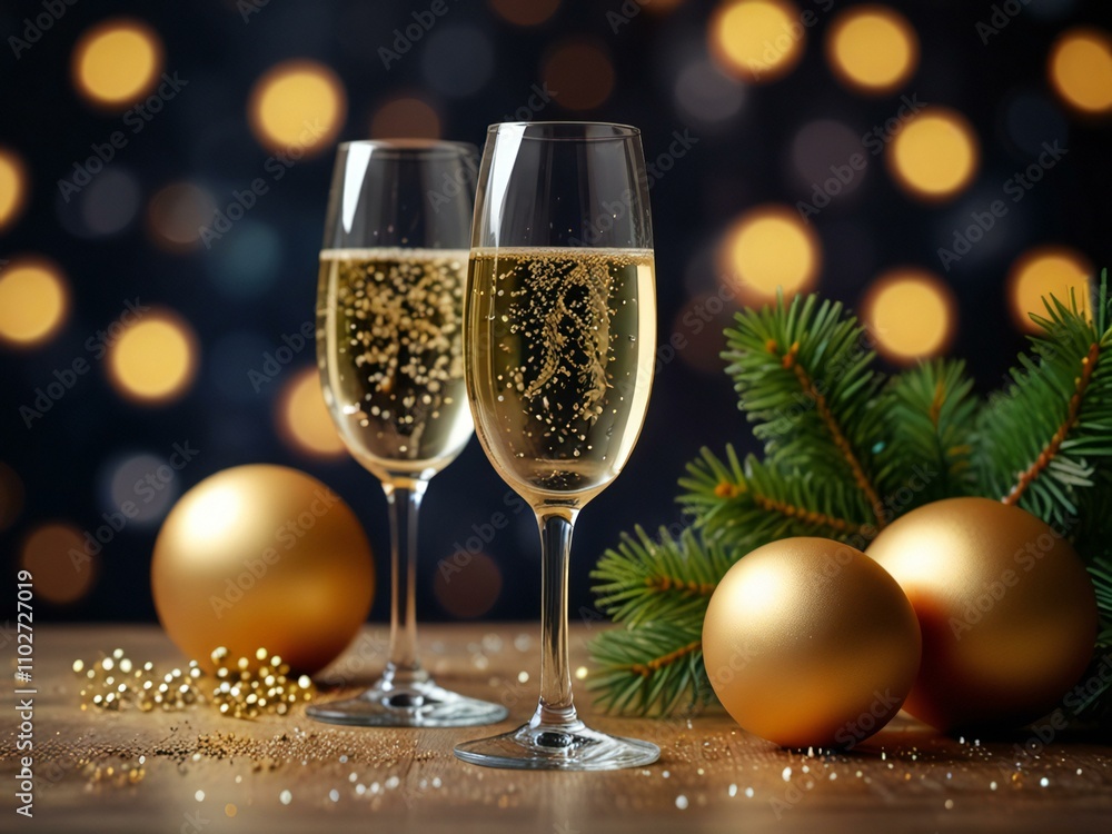 champagne glasses and christmas decorations champagne glasses and christmas decorations
