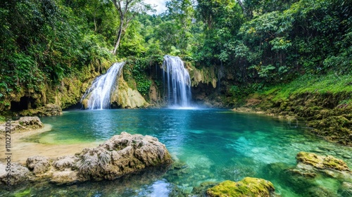 Jamaica waterfall with tropical surroundings and a calm pool at the base