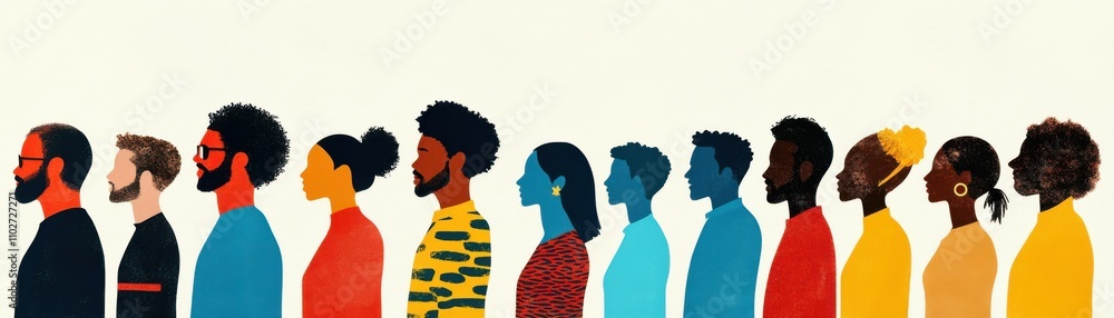 Illustration of diverse individuals in a colorful lineup. Illustration of diverse individuals in a colorful lineup.