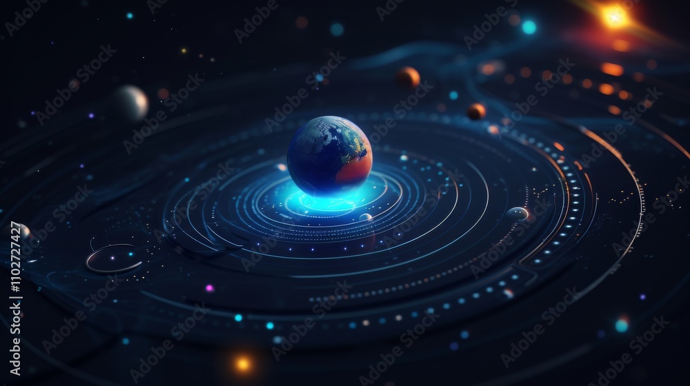 A glowing Earth depicted at the center of a futuristic digital space grid, surrounded by planets and cosmic elements, creating a high-tech space theme. AI generated. A glowing Earth depicted at the center of a futuristic digital space grid, surrounded by planets and cosmic elements, creating a high-tech space theme. AI generated.