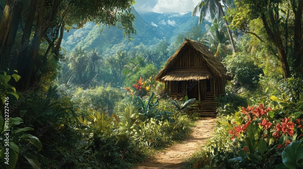 A serene jungle scene featuring a rustic hut surrounded by lush greenery and vibrant flowers. A serene jungle scene featuring a rustic hut surrounded by lush greenery and vibrant flowers.