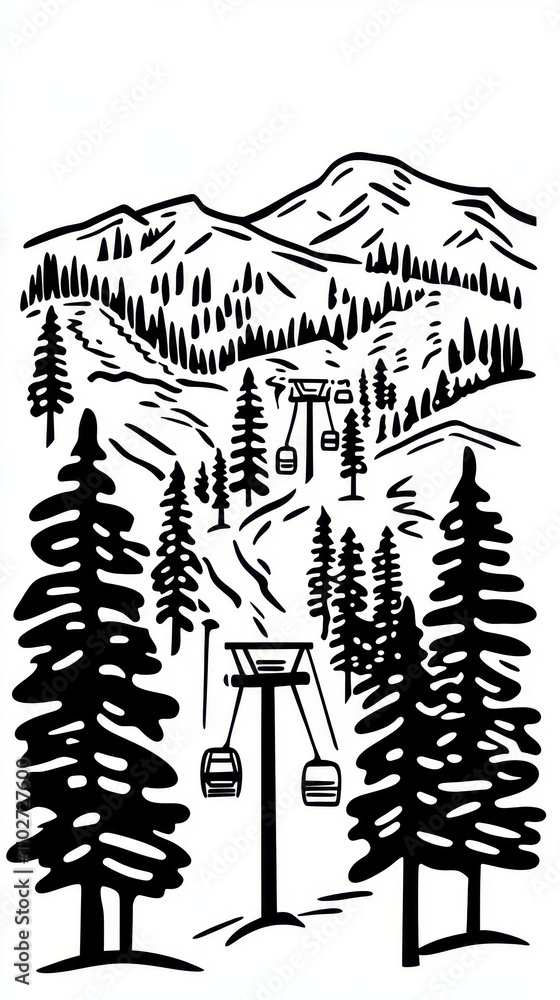 Obraz premium Black and white block print illustration of a ski resort with chair lifts and mountain trails