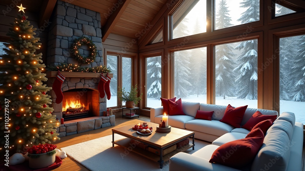 Cozy Christmas living room with a stone fireplace, lit tree, hanging stockings, comfy furniture, and large windows showcasing a snowy winter landscape. Cozy Christmas living room with a stone fireplace, lit tree, hanging stockings, comfy furniture, and large windows showcasing a snowy winter landscape.