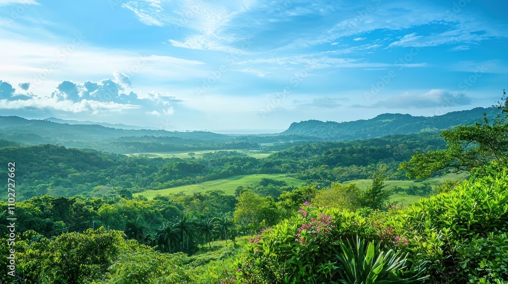 Fototapeta premium Landscape featuring hopeful elements like bright skies, lush greenery, or a serene view