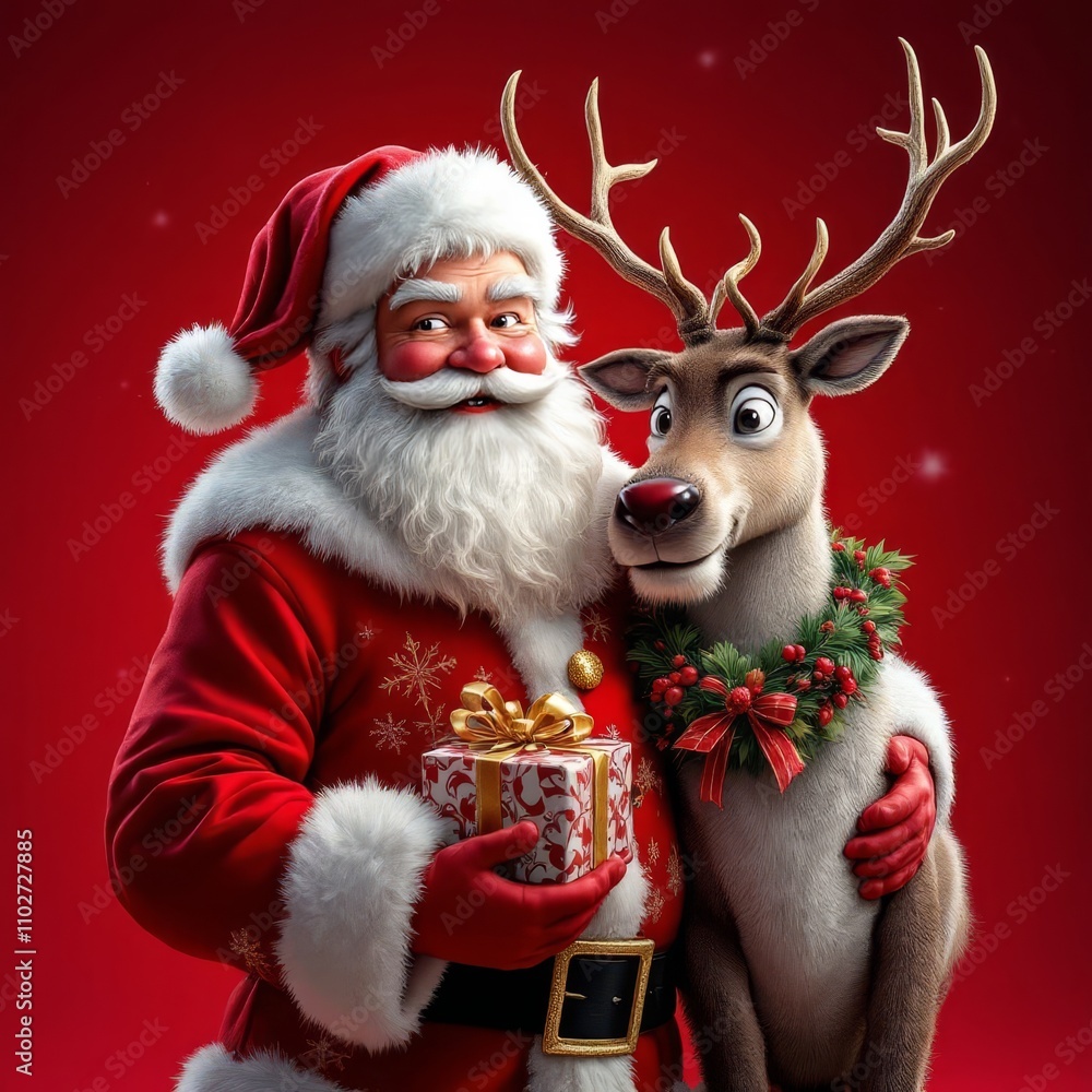 Red-suited Santa, gifting reindeer, against a festive backdrop. AI Christmas cartoon. Red-suited Santa, gifting reindeer, against a festive backdrop. AI Christmas cartoon.