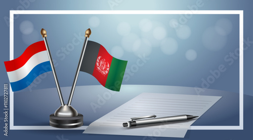 Netherlands and Afghanistan Small national flag on bokeh background, cooperative relationship