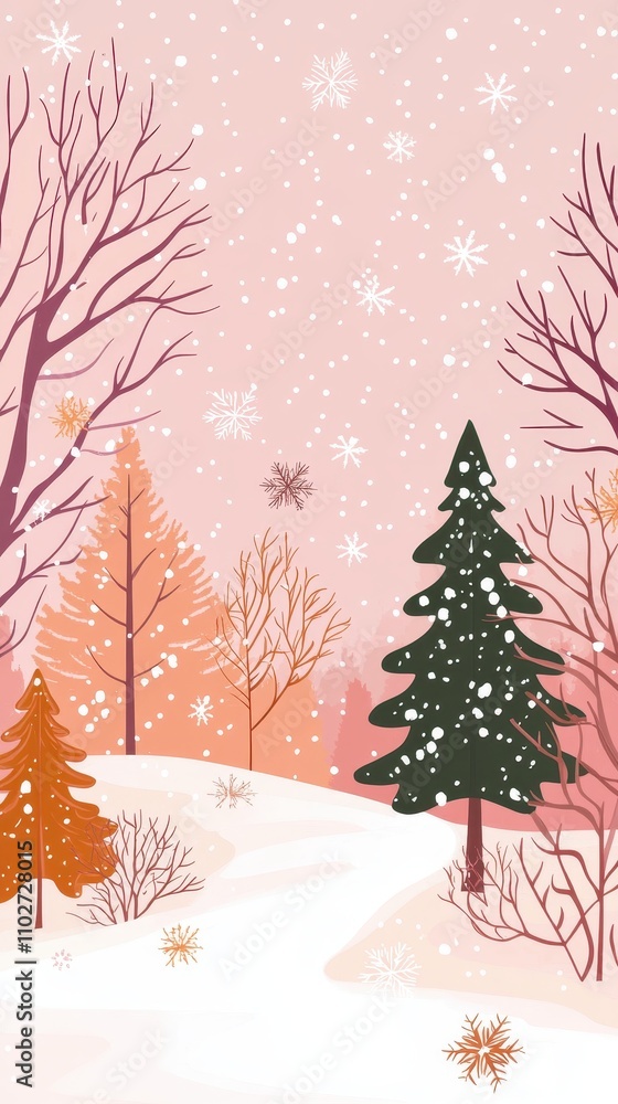 Festive winter wonderland with softly falling snow and serene pastel colors under starry sky Festive winter wonderland with softly falling snow and serene pastel colors under starry sky