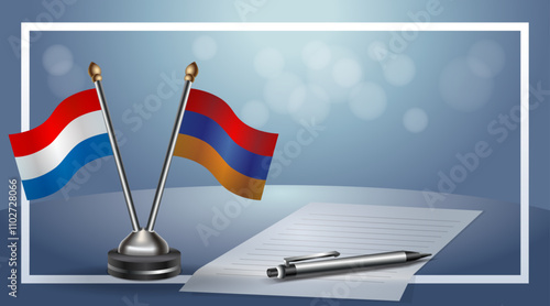 Netherlands and Armenia Small national flag on bokeh background, cooperative relationship