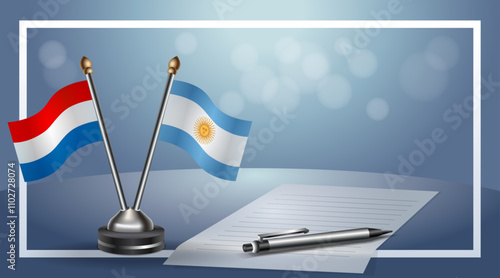 Netherlands and Argentina Small national flag on bokeh background, cooperative relationship