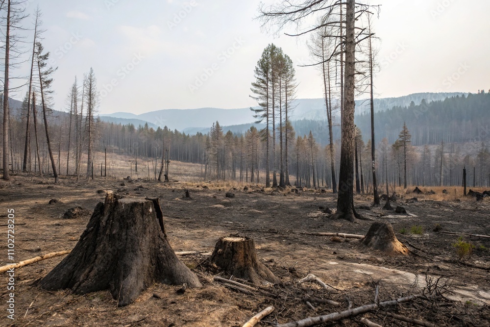 Burned forest landscape with scattered tree stumps, tree stumps, scorched earth, ash fall, charred undergrowth Burned forest landscape with scattered tree stumps, tree stumps, scorched earth, ash fall, charred undergrowth