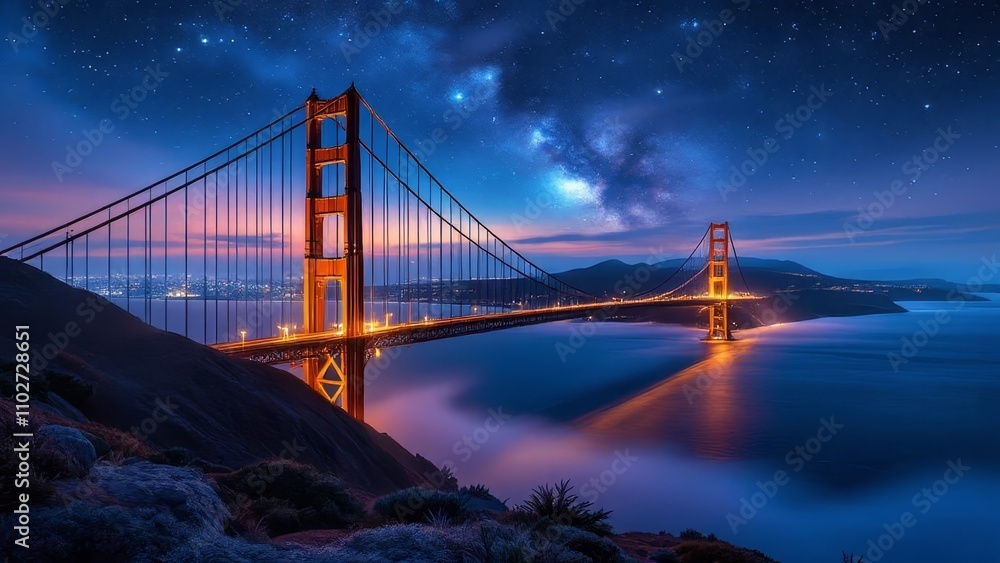 Fototapeta premium San Francisco's Golden Gate Bridge, a night vista recreation spot.