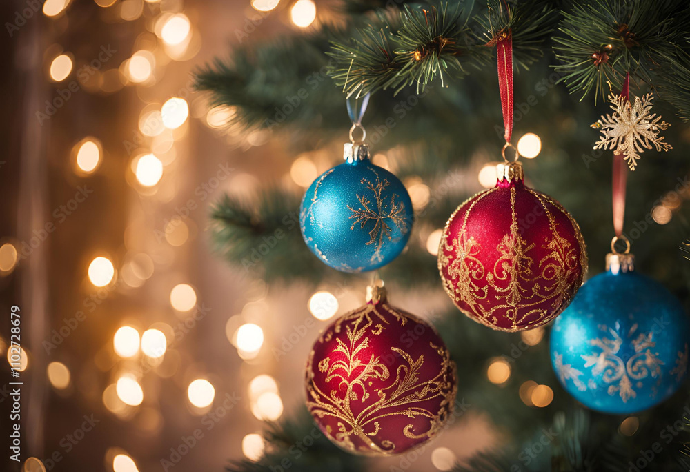 Festive Blue and Red Christmas Baubles Hanging on Green Tree Festive Blue and Red Christmas Baubles Hanging on Green Tree