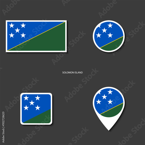 Solomon Islands flag icon set in different shape (rectangle, circle, square and marker icon) on dark grey background. Solomon Islands sticker icon collection on barely dark background	
