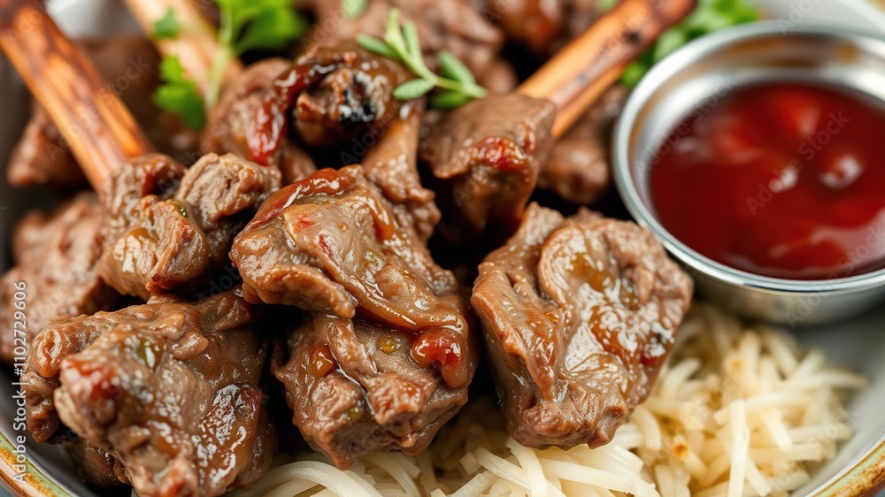 Close-up shot of juicy lamb meat served in a bowl with a side of tangy BBQ sauce, lamb meat, meat Close-up shot of juicy lamb meat served in a bowl with a side of tangy BBQ sauce, lamb meat, meat