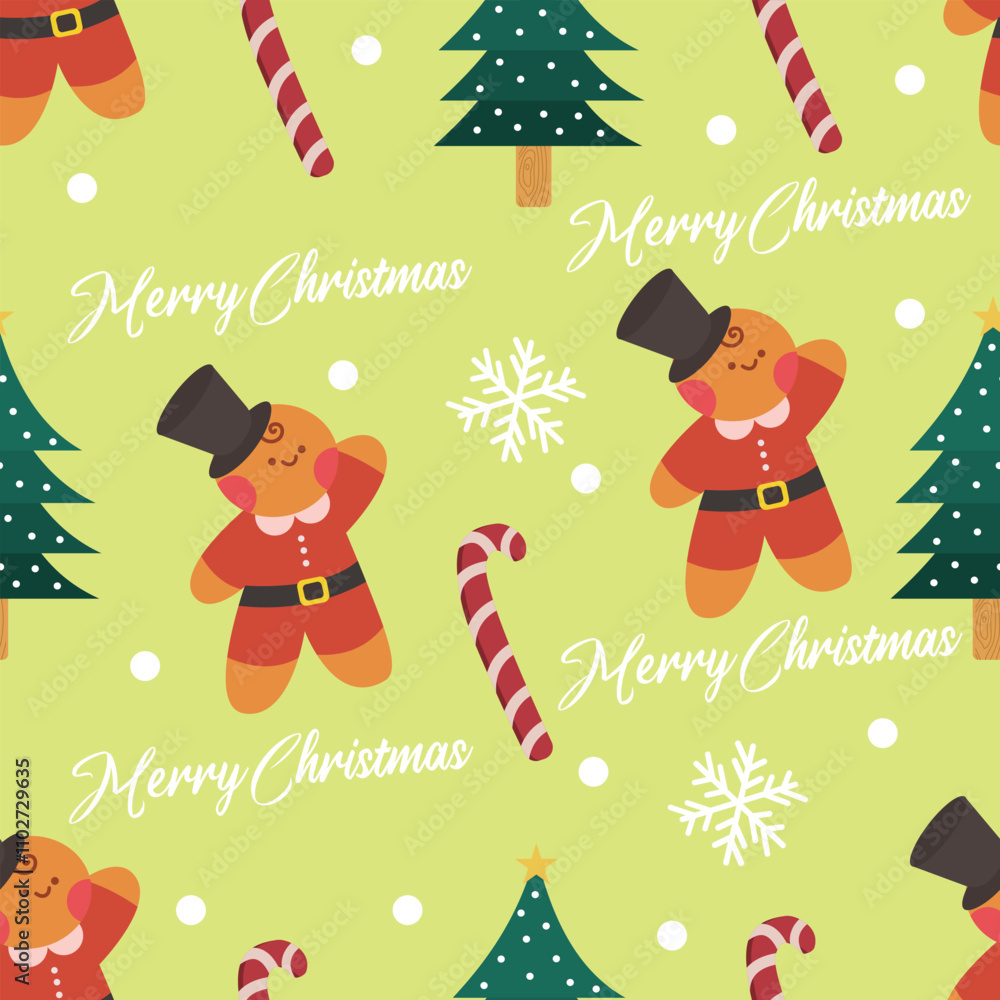 Fototapeta premium Hand drawn flat christmas seamless pattern design. Cute kawaii style. Suitable for wallpaper, backdrop, wrapping paper, children product, etc