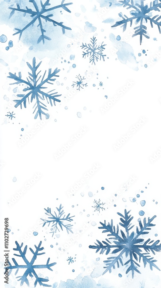 Detailed illustration of light blue snowflakes falling on a white background in winter Detailed illustration of light blue snowflakes falling on a white background in winter