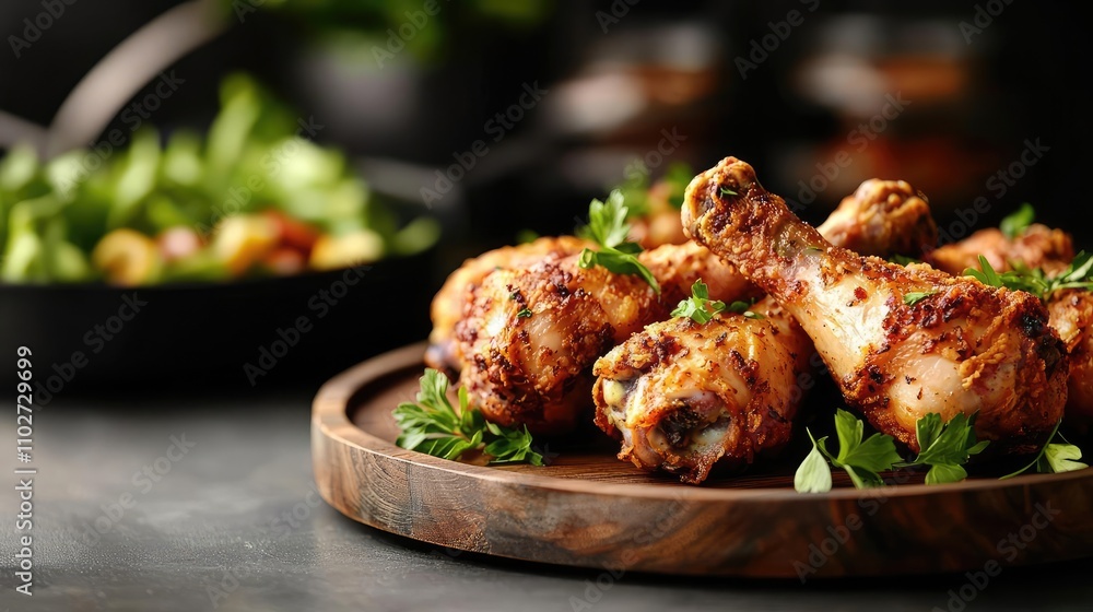 Delicious grilled chicken drumsticks served on a rustic wooden plate. Delicious grilled chicken drumsticks served on a rustic wooden plate.