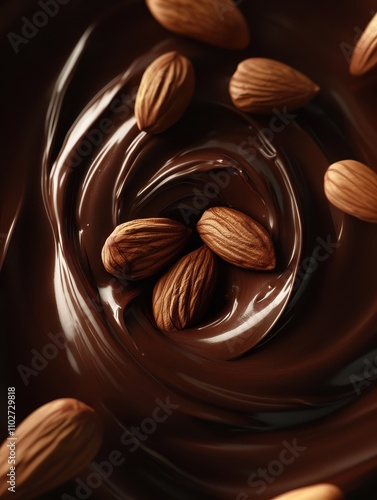 Swirling chocolate enveloping a handful of almonds in a hyper-detailed close-up capture photo