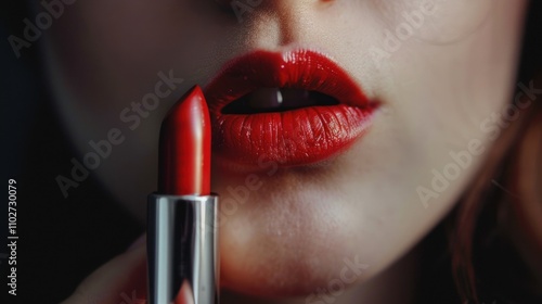 Beautiful Female Model lines her lips with bright red lipstick, AI generated image