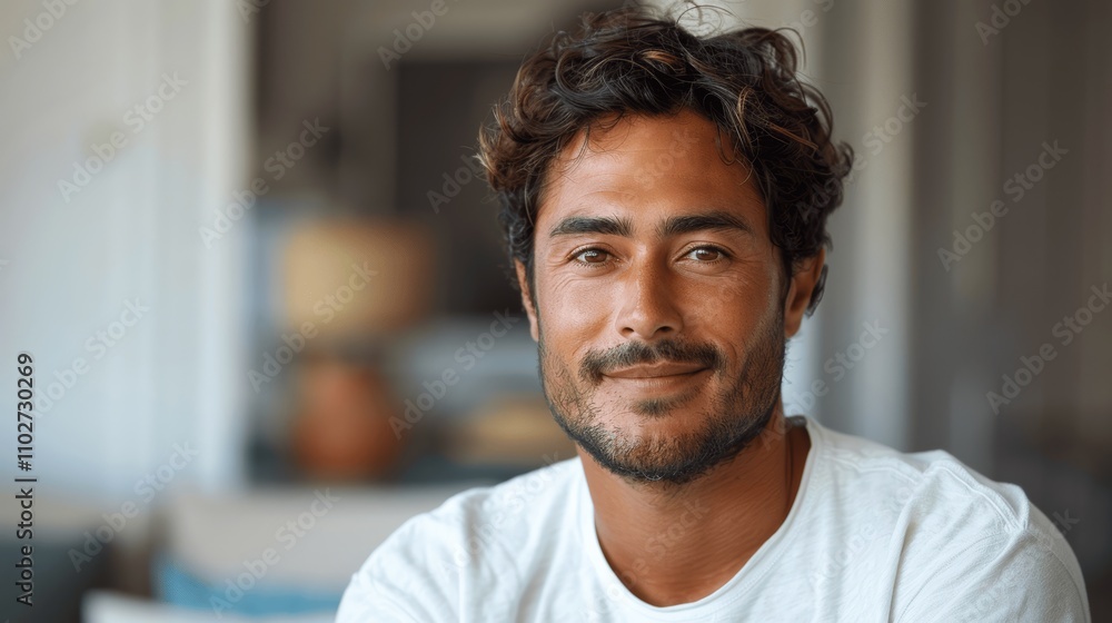 smiling Indian man with beard in white t-shirt looking at camera smiling Indian man with beard in white t-shirt looking at camera