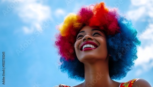 A Joyful Woman with Rainbow Hair Smiles Against Blue Sky