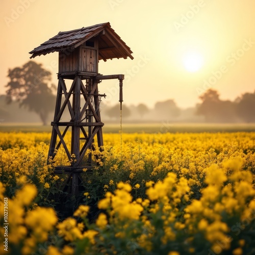 Sunrise paints a mustard field, shallow water, bagula. photo