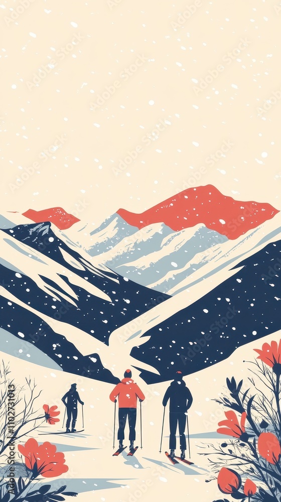 Beautiful pattern with skiing and snowy mountains surrounded by vibrant flowers Beautiful pattern with skiing and snowy mountains surrounded by vibrant flowers