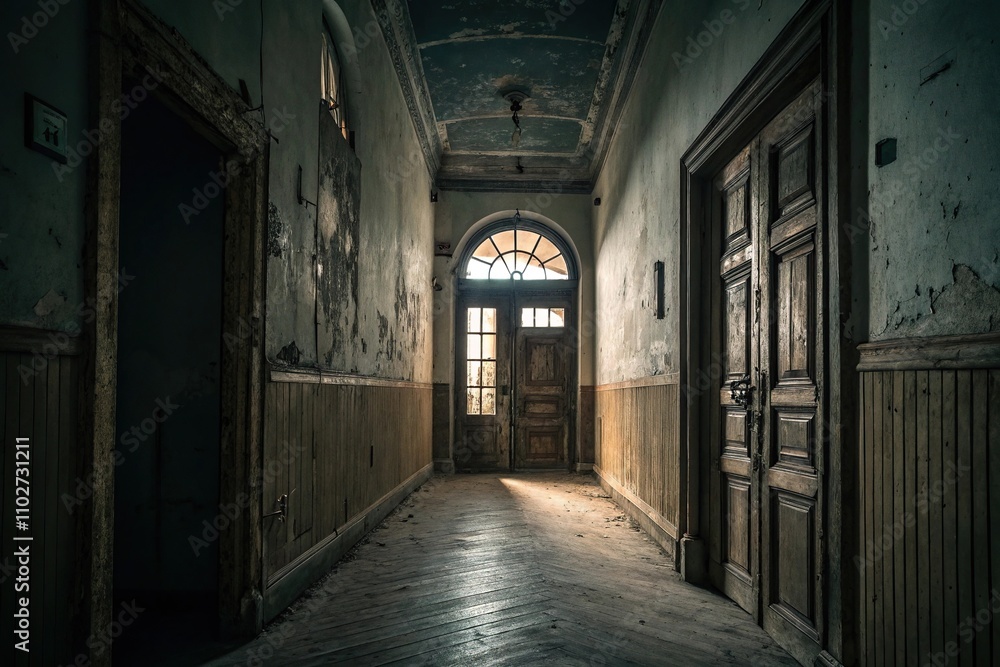 Darkened hallway with a creepy old door at the end, old furniture, abandoned mansion, dusty interior Darkened hallway with a creepy old door at the end, old furniture, abandoned mansion, dusty interior